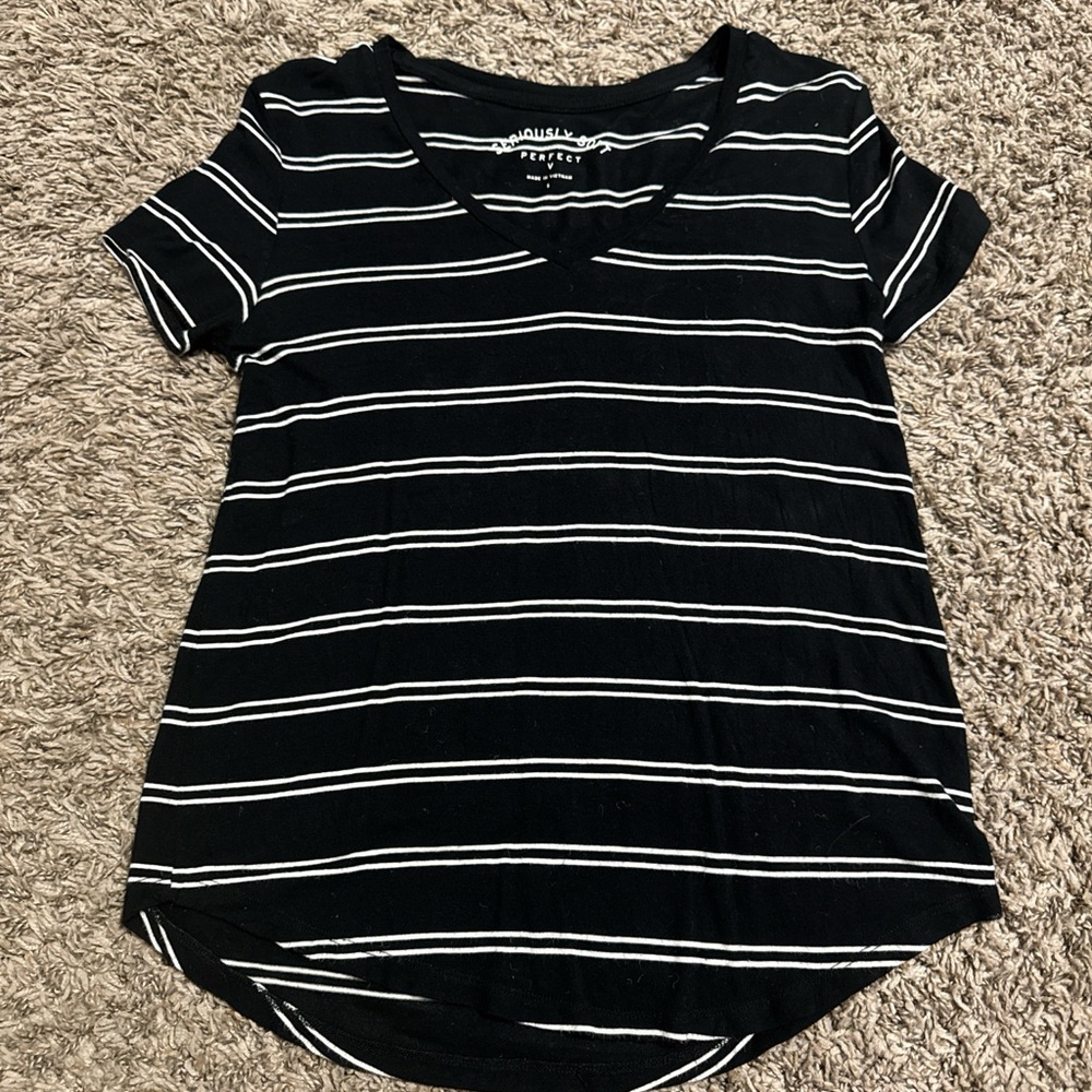 Black and White Striped V-Neck Tee